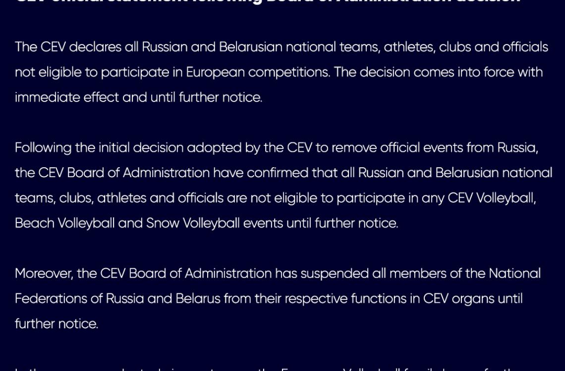 Statement CEV Rusland Wit Rusland uitgesloten