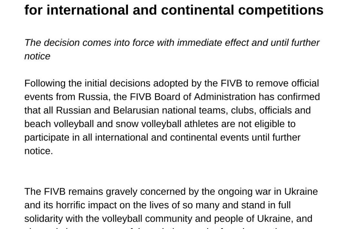 Statement FIVB Rusland Wit Rusland uitgesloten