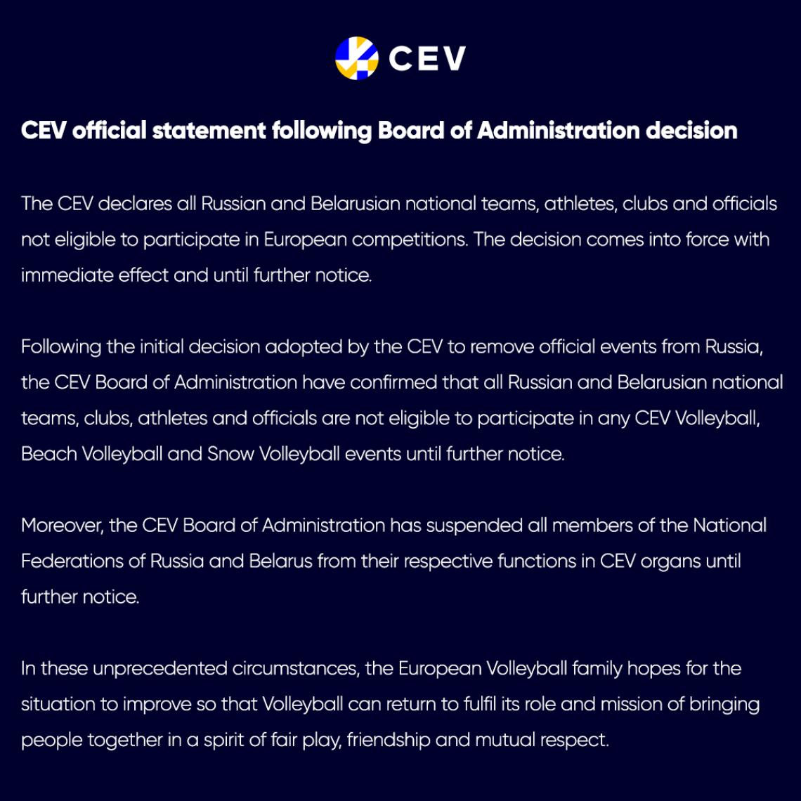Statement CEV Rusland Wit Rusland uitgesloten