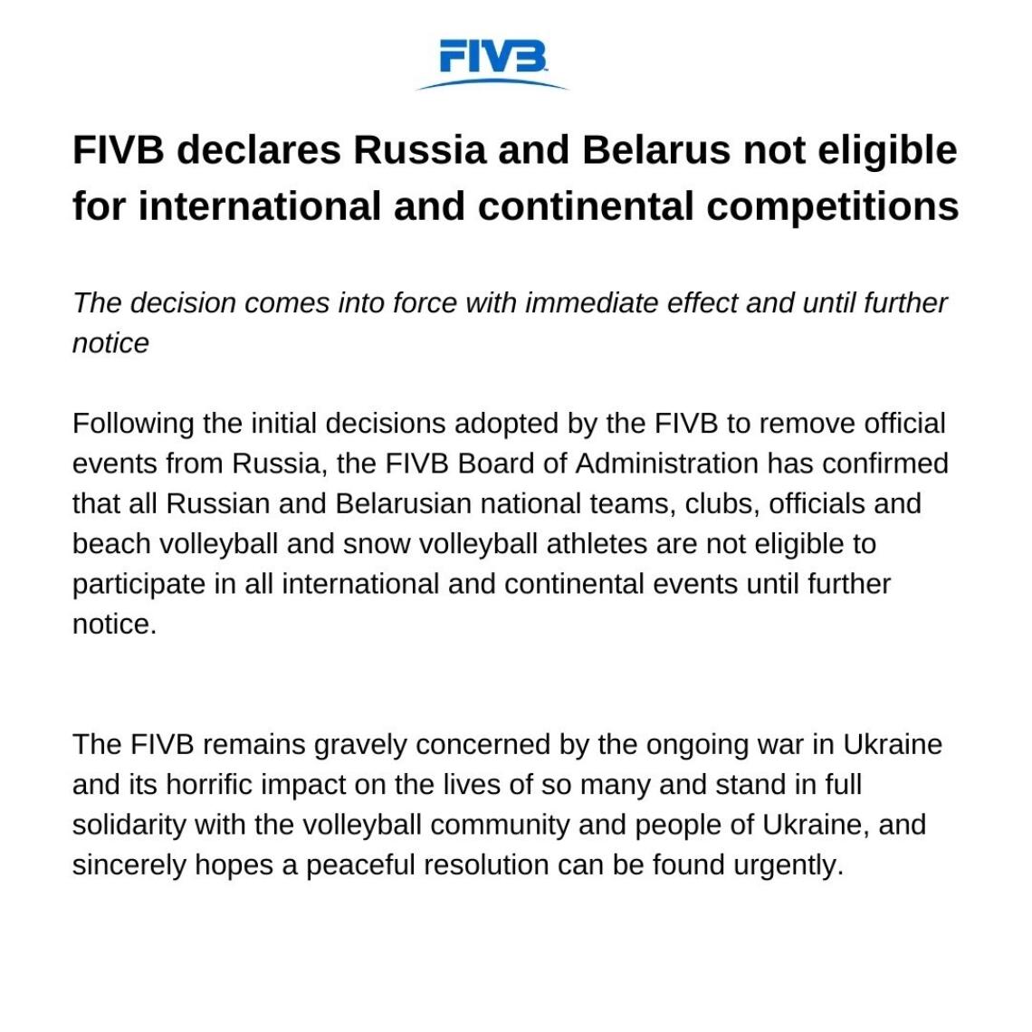 Statement FIVB Rusland Wit Rusland uitgesloten